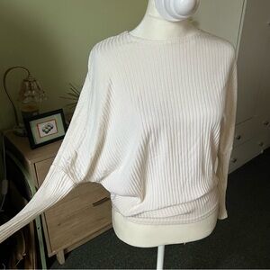 White Ribbed Boatneck Dolman Bat-Wing Long-Sleeve Tapered Wrist Modest T-Shirt S